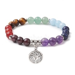 Chakra Gemstone Beaded Stretch Bracelets, Antique Silver Plated Alloy Tree of Life Charm Stretch Bracelets, Inner Diameter: 2-1/2 inch(6.3cm)(BJEW-JB10204-01)