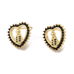 Heart with Saint Black Cubic Zirconia Stud Earrings, Rack Plating Brass Jewelry for Women, Lead Free & Cadmium Free, Real 18K Gold Plated, 16x16mm, Pin: 0.7mm(EJEW-F313-04G)