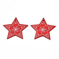 Christmas Theme Spray Painted Wood Pendants, Single-Sided Printed, Star with Snowflake, Red, 47x49x2.5mm, Hole: 2mm(WOOD-N005-49B)