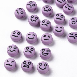 Opaque Medium Purple Acrylic Beads, Flat Round with Black Random Expression, 7x4mm, Hole: 1.6mm(X-MACR-N008-42-C06)