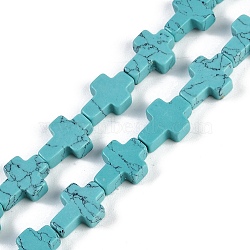 Synthetic Turquoise Beads Strands, Cross, 13.5x9.5x4.5mm, Hole: 0.7mm, about 28pcs/strand, 15.55''(39.5cm)(G-I369-A09-01)