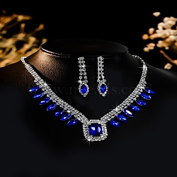 Alloy Rhinestone Rectangle Pendant Necklaces & Horse Eye Stud Earring Sets for Women, Capri Blue, 13.03 inch(331mm)(SJEW-U001-01P-04)