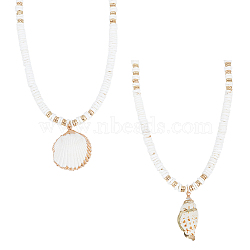 2Pcs 2 Style Natural Shell Pendant Necklaces Set with Disc Beaded Chains for Women, 1Pc/style(NJEW-AN0001-75)