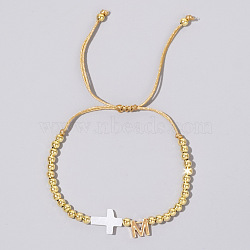 Brass Round Bead Braided Bead Bracelets, Shell Cross & Brass Leeter Charm Bracelets for Women Men, Letter M(VB3830-13)