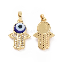 Brass Micro Pave Cubic Zirconia Pendants, with Handmade Evil Eye Lampwork, Hamsa Hand Charm, Real 18K Gold Plated, Blue, 23x15x4mm, Hole: 4x6.5mm(ZIRC-F136-02G-04)