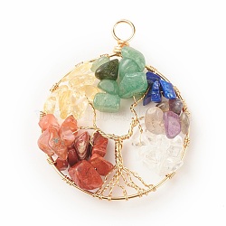 Natural Gmestone Copper Wire Big Pendants, Natural Amethyst & Green Aventurine & Citrine & Lapis Lazuli & Red Jasper & Red Aventurine & Quartz Crystal, Mixed Dyed and Undyed, Flat Round with Tree, Golden, 53.5x42.5x7.5mm, Hole: 5.5mm(PALLOY-JF01434-02)
