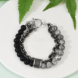 Natural Round Picasso Stone & Frosted Black Bead Bracelets, 304 Stainless Steel Cable Chain Bracelets for Women Men, 8-1/2 inch(21.6cm)(BJEW-M081-01A)