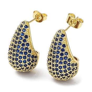 Cubic Zirconia Teardrop Stud Earrings, Real 16K Gold Plated Brass Earrings for Woman, Dark Blue, 20x12mm