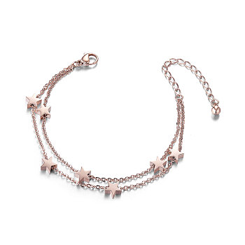 SHEGRACE Chic Titanium Steel Multi-strand Bracelets, Double Layered Bracelet, with Stars, Rose Gold, 150mm
