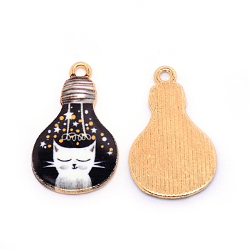 Japanese Style Print Alloy Enamel Pendants, Bulb with Cat, Cadmium Free & Lead Free, Golden, Black, 28x16.5x2mm, Hole: 2mm