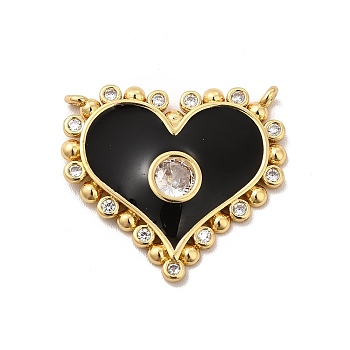 Rack Plating Brass Micro Pave Clear Cubic Zirconia Connector Charms, Heart Links with Enamel, Cadmium Free & Lead Free, Real 18K Gold Plated, Long-Lasting Plated, Black, 19.5x21.5x2mm, Hole: 1mm