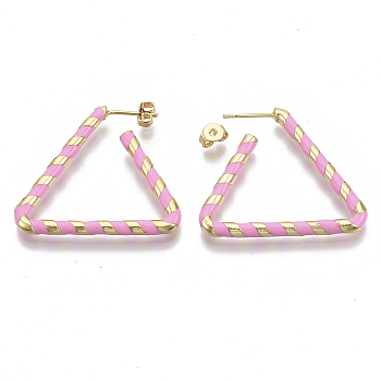 (Jewelry Parties Factory Sale)Brass Stud Earrings, with Enamel and Earring Backs, Triangle, Real 18K Gold Plated, Pearl Pink, 35x31x3mm, Pin: 0.7mm