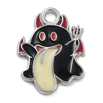 Halloween Theme Alloy Enamel Pendants, Platinum, Ghost Charm, Black, 18x13.5x2mm, Hole: 2mm