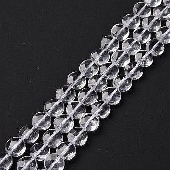 Natural Quartz Crystal Beads Strands, Rock Crystal, Flat Round, Faceted, 8x4.5mm, Hole: 1mm, about 51pcs/strand, 15.94 inch(40.5cm)
