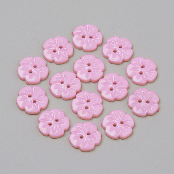 2-Hole Acrylic Buttons, Flower, Pink, 15x2.5mm, Hole: 1.5mm
