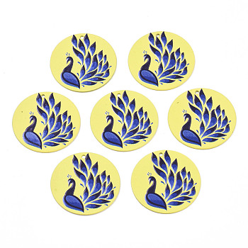 Spray Painted Iron Pendants, Rubberized Style, 3D Printed,  Peacock Print Pattern, Flat Round, Yellow, 25.5x0.8mm, Hole: 1.2mm