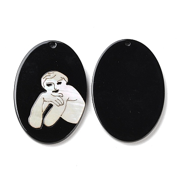 Opaque Smiling Human Pattern Acrylic Pendants, with Shell, Black, Oval, 39.5~40x26.5~27x2.4mm, Hole: 1.8mm