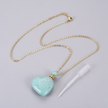 Natural Amazonite Openable Perfume Bottle Pendant Necklaces, with Stainless Steel Cable Chain and Plastic Dropper, Heart, 50~55cm, Bottle Capacity: 0.15~0.3ml(0.005~0.01 fl. oz), 2mm