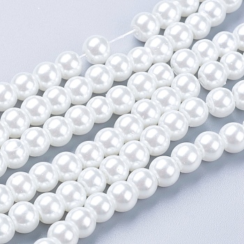 White Glass Pearl Round Loose Beads For Jewelry Necklace Craft Making, 6mm, Hole: 1mm, about 140pcs/strand
