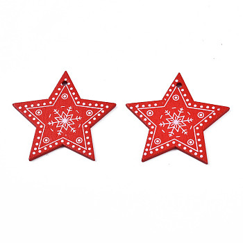 Christmas Theme Spray Painted Wood Pendants, Single-Sided Printed, Star with Snowflake, Red, 47x49x2.5mm, Hole: 2mm