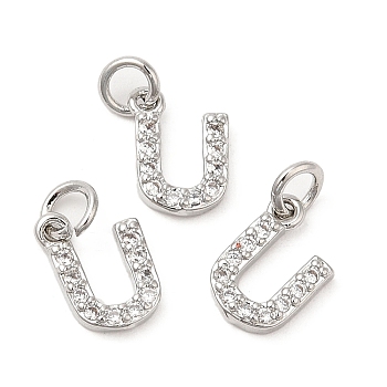 Brass Micro Pave Grade AAA Cubic Zirconia Charms, Letter U, Cadmium Free & Nickel Free & Lead Free, Real Platinum Plated, 9x6x1.5mm, Hole: 2mm