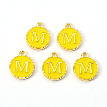 Golden Plated Alloy Enamel Charms, Enamelled Sequins, Flat Round with Letter, Gold, Letter.M, 14x12x2mm, Hole: 1.5mm