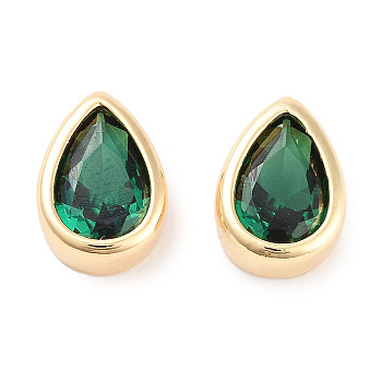 Brass Cubic Zirconia Beads, Teardrop, Real 18K Gold Plated, Green, 11x8x4mm, Hole: 2.5x1.2mm