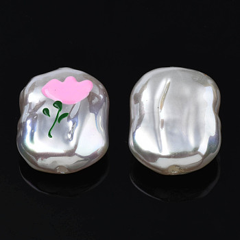 ABS Plastic Imitation Pearl Beads, with Enamel, Oval with Flower, Pearl Pink, 21x15x7~8mm, Hole: 1.2mm