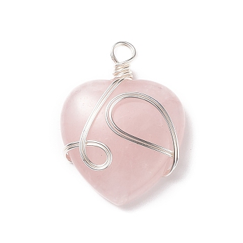 Natural Rose Quartz Pendants, with Silver Tone Copper Wire Wrapped, Heart, 39~41x30~30.5x8.5~9.5mm, Hole: 4~4.2mm
