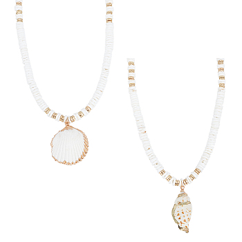 2Pcs 2 Style Natural Shell Pendant Necklaces Set with Disc Beaded Chains for Women, 1Pc/style