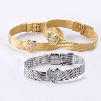 Unisex 304 Stainless Steel Watch Band Wristband Bracelets, with Brass Micro Pave Cubic Zirconia Slider Charms, Heart, Mixed Color, 8-5/8 inch(21.8cm), 10mm