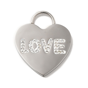 304 Stainless Steel Rhinestone Pendants, with Polymer Clay, Heart with Word Love Charms, Stainless Steel Color, 28x23.5x2.5mm, Hole: 7.5x7mm