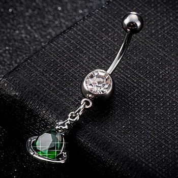 Piercing Jewelry, Brass Cubic Zirconia Navel Ring, Belly Rings, with 304 Stainless Steel Bar, Cadmium Free & Lead Free, Planet, Platinum, Dark Green, 39x12mm, Bar: 15 Gauge(1.5mm), Bar Length: 3/8"(10mm)