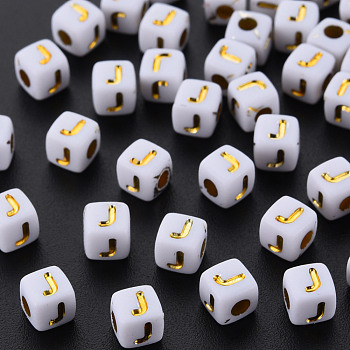 Opaque White Acrylic Beads, Metal Enlaced, Cube with Letters, Letter.J, 4.5mm, Hole: 2mm, about 5000pcs/500g