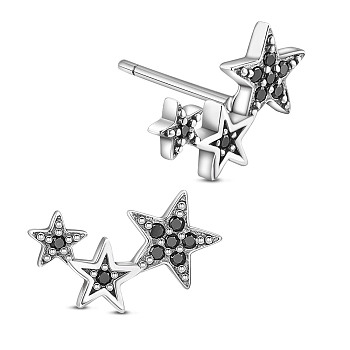 SHEGRACE 925 Thailand Sterling Silver Stud Earrings, with Grade AAA Cubic Zirconia, Star, Antique Silver, 12.2x7mm