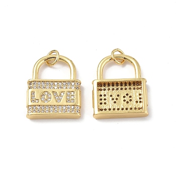 Brass Micro Pave Clear Cubic Zirconia Pendants, with Jump Ring, Lock with Word Love, Real 18K Gold Plated, 20x16x3.5mm, Hole: 3.2mm