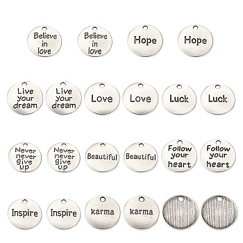 Tibetan Style Alloy Pendants, Flat Round with Word, Antique Silver, 20x2mm, Hole: 2mm, 60pcs/set