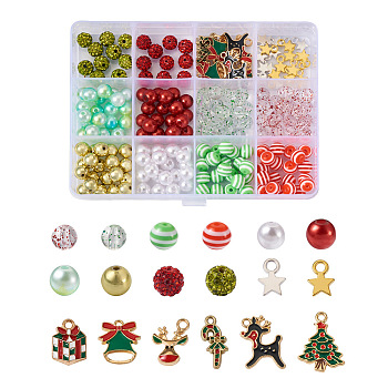DIY Christmas Jewelry Making Finding Kit, Including Plastic & Acrylic & Polymer Clay Rhinestone & Resin Beads, Christmas Gift & Bell & Tree Alloy Enamel Pendants, Mixed Color, 212Pcs/box