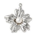 304 Stainless Steel Pendants, with Natural Freshwater Pearls, Flower Charm, Stainless Steel Color, 28x23x6mm, Hole: 1.6mm(STAS-U037-13P-01)