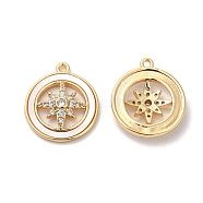 Brass Micro Pave Cubic Zirconia Pendant, with Shell, Flat Round with Star Charms, Real 18K Gold Plated, 16.5x14.5x3.3mm, Hole: 1.2mm(KK-B074-66G)