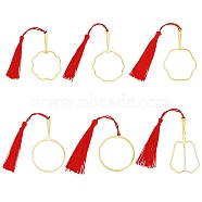 PandaHall Elite 6Pcs 6 Style Chinese Ancient Hand Fan Shape Brass Wire Wrap Metal Bookmark with Tassel for Book Lover, Golden, Red, 175~217mm, 1pc/style(AJEW-PH0003-35)