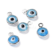 Handmade Evil Eye Lampwork Charms, with Brass Findings, Flat Round, Blue, Real Platinum Plated, 10x6.5x3mm, Hole: 1.5mm(KK-F764-13P-07)