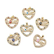 Rack Plating Brass Micro Pave Clear Cubic Zirconia Pendants, with Enamel, Cadmium Free & Lead Free, Heart with Evil Eye & Word Love, Real 18K Gold Plated, Mixed Color, 24.5x27x3.8mm, Hole: 3.3x3.7mm(KK-G387-12G)