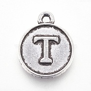 Tibetan Style Alloy Charms, Flat Round with Letter, Antique Silver, Letter.T, 15x12.5x2mm, Hole: 1.5mm(X-PALLOY-WH0015-01T)