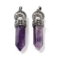 Natural Amethyst Pointed Big Pendants, Faceted Bullet Charms with Rack Plating Antique Silver Plated Alloy Horn, 61~62x17.5x16mm, Hole: 7x6.5mm(G-Q163-02AS-06)