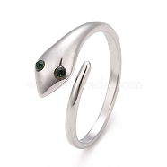 304 Stainless Steel Snake Wrap Open Cuff Ring with Rhinestone for Women, Stainless Steel Color, Emerald, US Size 7(17.3mm)(RJEW-E062-B02-01P)