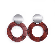 PU Leather Dangle Stud Earrings, with 304 Stainless Steel Stud Earring Findings, Ring, FireBrick, 57mm, pin: 0.8mm(EJEW-JE03294-02)
