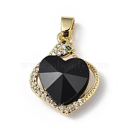 Real 18K Gold Plated Rack Plating Brass Micro Pave Clear Cubic Zirconia Pendants, with Glass, Long-Lasting Plated, Cadmium Free & Lead Free, Heart Charm, Black, 21.5x17x8mm, Hole: 5x3.2mm(KK-C015-16G-16)