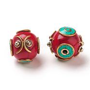 Handmade Tibetan Style Round Beads, with Brass Findings, Antique Golden, Dark Red, 16x17x17mm, Hole: 2mm(TIBEB-M023-09C)