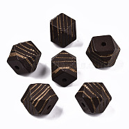 Painted Natural Wood Beads, Laser Engraved Pattern, Faceted, Polygon with Zebra-Stripe, Coconut Brown, 16x15.5~16.5x15.5~16.5mm, Hole: 3mm(WOOD-T021-52C-02)